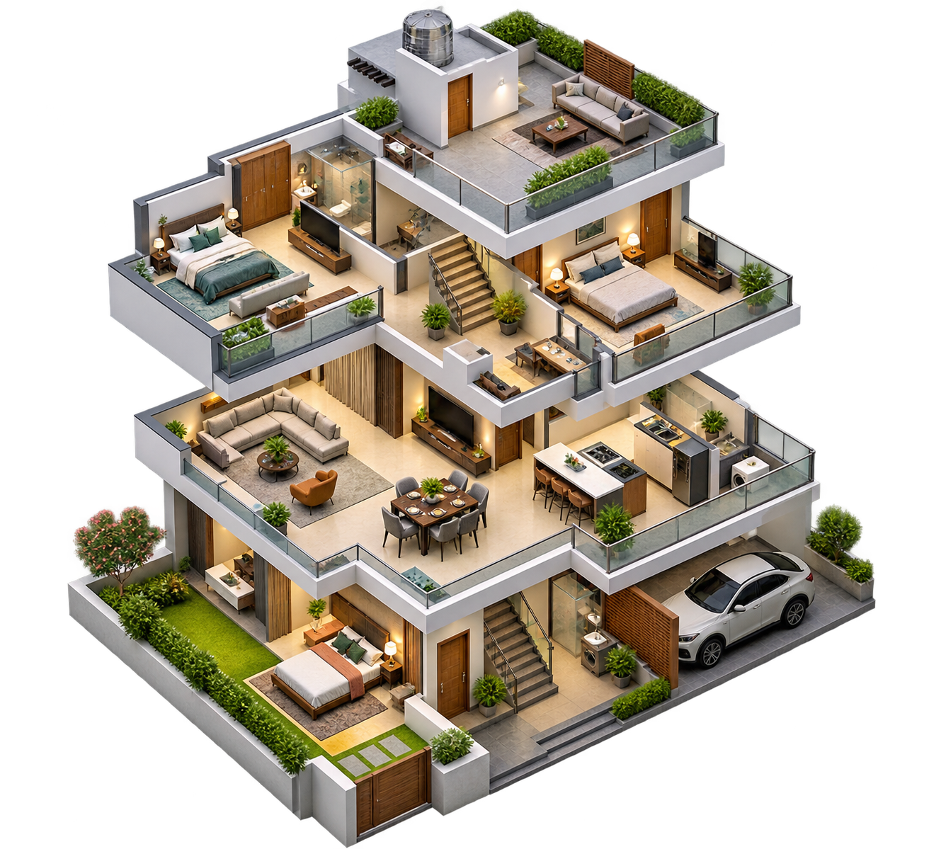 Conceptual four-bedroom multi-level villa planning study